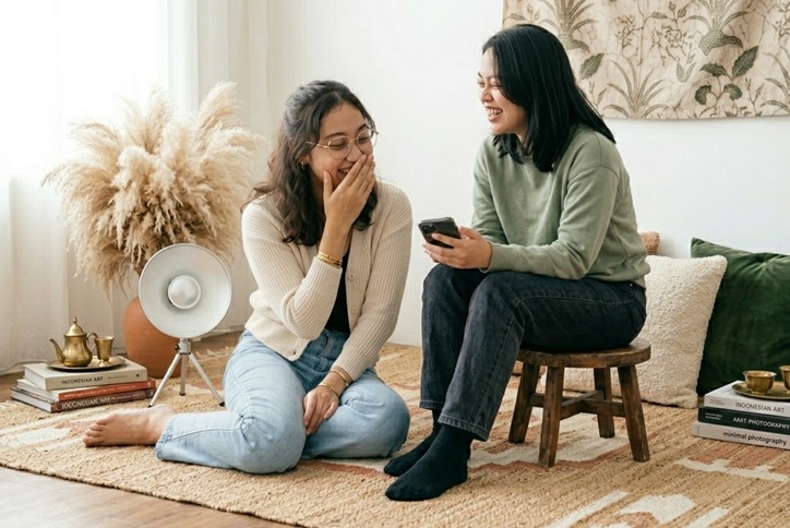 Gaya Foto Studio Bareng Bestie Ber 2 Dengan Manfaatkan Properti Studio